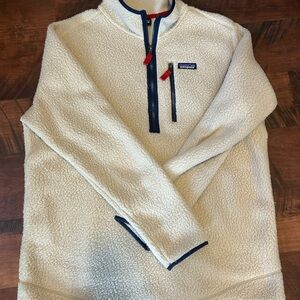 Patagonia Cream Sherpa Pullover with Navy Trim and Red Zipper Tabs
